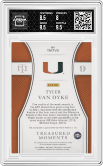 Tyler Van Dyke  from the 2022 Panini National Treasures Collegiate set graded by Arena Club and given an overall grade of 8.5.