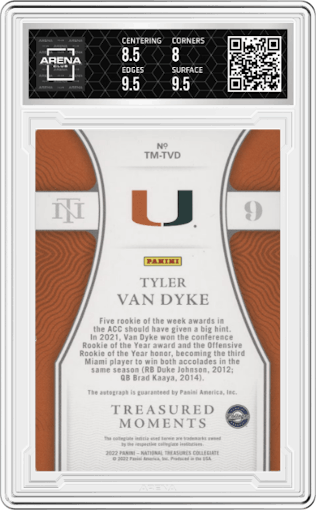 Tyler Van Dyke  from the 2022 Panini National Treasures Collegiate set graded by Arena Club and given an overall grade of 8.5.