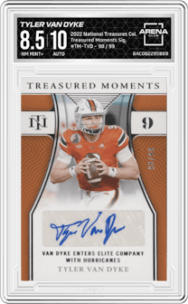 Tyler Van Dyke  from the 2022 Panini National Treasures Collegiate set graded by Arena Club and given an overall grade of 8.5.
