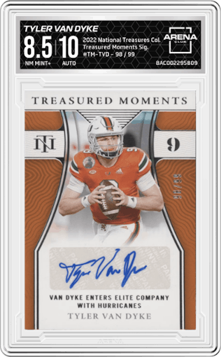 Tyler Van Dyke  from the 2022 Panini National Treasures Collegiate set graded by Arena Club and given an overall grade of 8.5.