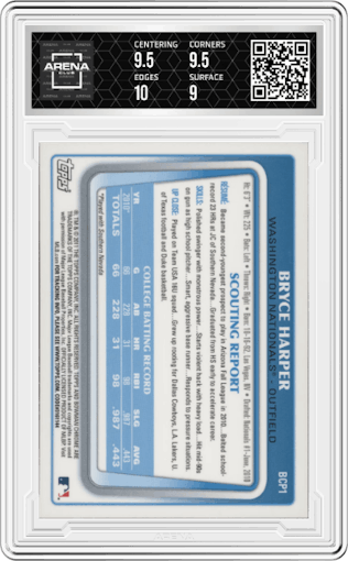 Bryce Harper from the 2011 Bowman set graded by Arena Club and given an overall grade of 9.5.