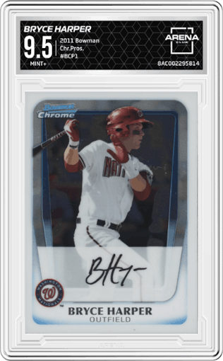 Bryce Harper from the 2011 Bowman set graded by Arena Club and given an overall grade of 9.5.