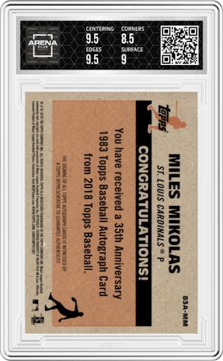 Miles Mikolas from the 2018 Topps Update set graded by Arena Club and given an overall grade of 9.