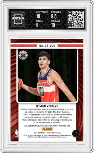 Tristan Vukcevic from the 2023-24 Panini NBA Hoops set graded by Arena Club and given an overall grade of 9.