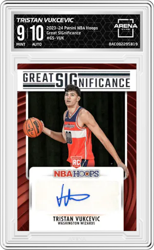 Tristan Vukcevic from the 2023-24 Panini NBA Hoops set graded by Arena Club and given an overall grade of 9.
