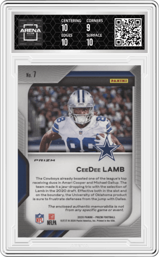 CeeDee Lamb from the 2020 Panini Prizm set graded by Arena Club and given an overall grade of 9.5.