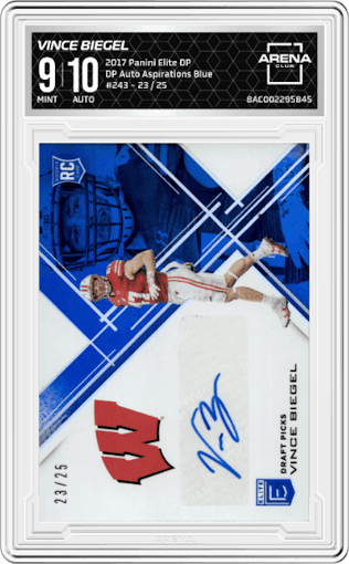 Vince Biegel from the 2017 Panini Elite Draft Picks set featuring a Aspirations Blue parallel graded by Arena Club and given an overall grade of 9.