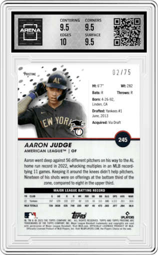 Aaron Judge from the 2023 Topps Pristine set featuring a Pristine Blue parallel graded by Arena Club and given an overall grade of 10.