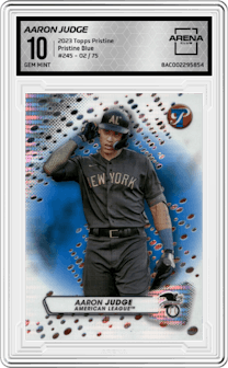 Aaron Judge from the 2023 Topps Pristine set featuring a Pristine Blue parallel graded by Arena Club and given an overall grade of 10.