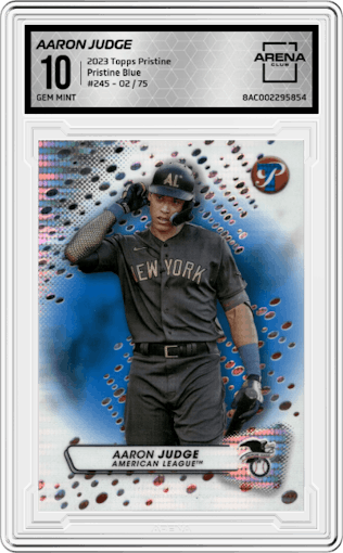 Aaron Judge from the 2023 Topps Pristine set featuring a Pristine Blue parallel graded by Arena Club and given an overall grade of 10.