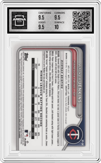 Walker Jenkins  from the 2024 Bowman Chrome set featuring a Green Refractor parallel graded by Arena Club and given an overall grade of 10.