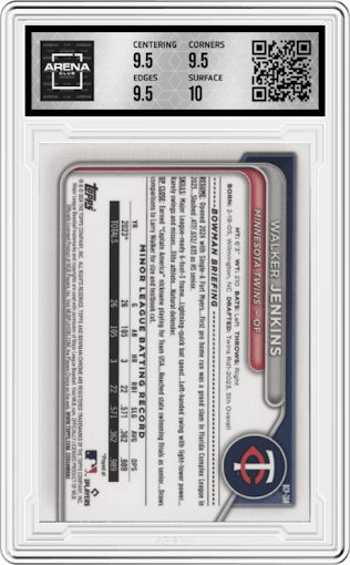 Walker Jenkins  from the 2024 Bowman Chrome set featuring a Green Refractor parallel graded by Arena Club and given an overall grade of 10.