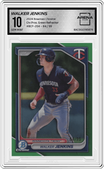 Walker Jenkins  from the 2024 Bowman Chrome set featuring a Green Refractor parallel graded by Arena Club and given an overall grade of 10.