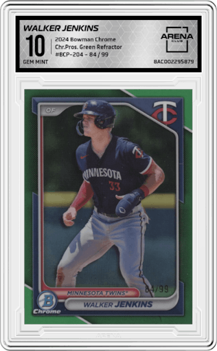 Walker Jenkins  from the 2024 Bowman Chrome set featuring a Green Refractor parallel graded by Arena Club and given an overall grade of 10.