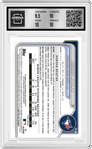 Kendry Rojas from the 2024 Bowman Chrome set featuring a HTA Choice Refractor parallel graded by Arena Club and given an overall grade of 10.