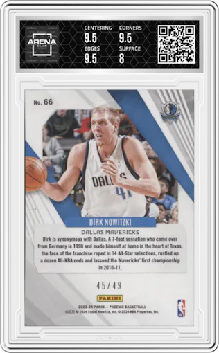 Dirk Nowitzki from the 2023-24 Panini Phoenix set featuring a Yellow parallel graded by Arena Club and given an overall grade of 8.5.