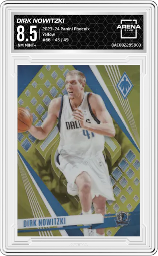 Dirk Nowitzki from the 2023-24 Panini Phoenix set featuring a Yellow parallel graded by Arena Club and given an overall grade of 8.5.