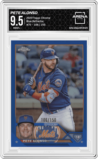 Pete Alonso from the 2023 Topps Chrome set featuring a Blue Refractor parallel graded by Arena Club and given an overall grade of 9.5.