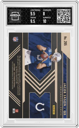 Jacob Eason from the 2020 Panini Gold Standard set featuring a Premium FOTL parallel graded by Arena Club and given an overall grade of 8.5.