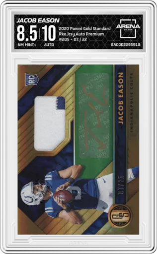 Jacob Eason from the 2020 Panini Gold Standard set featuring a Premium FOTL parallel graded by Arena Club and given an overall grade of 8.5.
