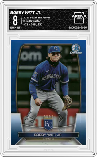 Bobby Witt Jr. from the 2023 Bowman Chrome set featuring a Blue Refractor parallel graded by Arena Club and given an overall grade of 8.