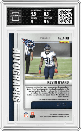 Kevin Byard from the 2021 Panini Mosaic set featuring a Gold parallel graded by Arena Club and given an overall grade of 9.