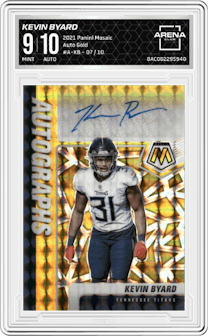 Kevin Byard from the 2021 Panini Mosaic set featuring a Gold parallel graded by Arena Club and given an overall grade of 9.