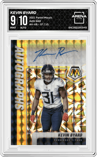 Kevin Byard from the 2021 Panini Mosaic set featuring a Gold parallel graded by Arena Club and given an overall grade of 9.