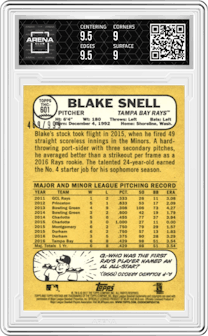 Blake Snell from the 2017 Topps Heritage High Number set graded by Arena Club and given an overall grade of 9.5.