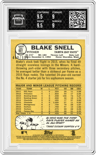Blake Snell from the 2017 Topps Heritage High Number set graded by Arena Club and given an overall grade of 9.5.