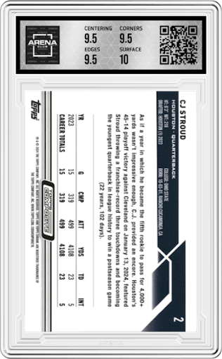 CJ Stroud from the 2023 Topps Composite set featuring a Purple Refractor parallel graded by Arena Club and given an overall grade of 10.