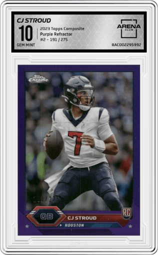 CJ Stroud from the 2023 Topps Composite set featuring a Purple Refractor parallel graded by Arena Club and given an overall grade of 10.