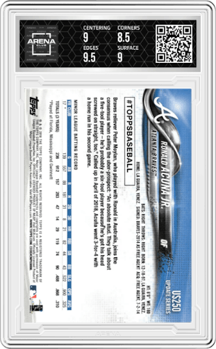 Ronald Acuna Jr. from the 2018 Topps Update set graded by Arena Club and given an overall grade of 9.