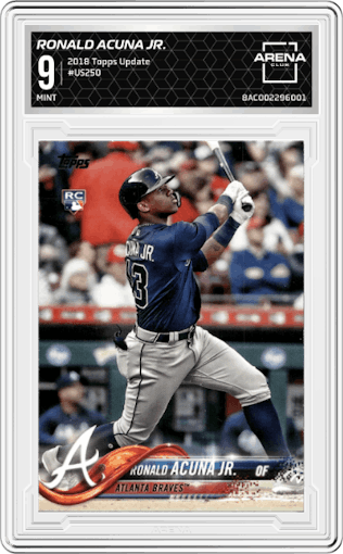 Ronald Acuna Jr. from the 2018 Topps Update set graded by Arena Club and given an overall grade of 9.