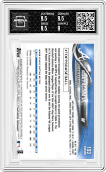 Ronald Acuna Jr. from the 2018 Topps Chrome set graded by Arena Club and given an overall grade of 9.5.