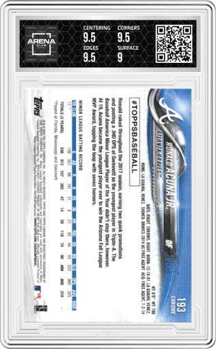 Ronald Acuna Jr. from the 2018 Topps Chrome set graded by Arena Club and given an overall grade of 9.5.