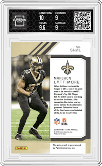 Marshon Lattimore from the 2019 Panini Score set graded by Arena Club and given an overall grade of 9.5.