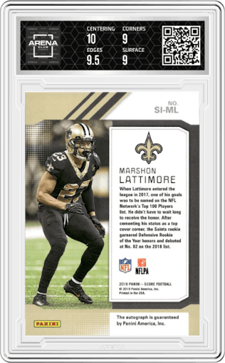 Marshon Lattimore from the 2019 Panini Score set graded by Arena Club and given an overall grade of 9.5.