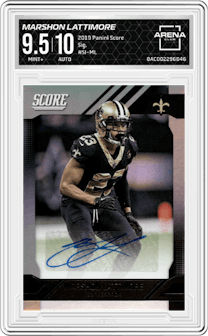 Marshon Lattimore from the 2019 Panini Score set graded by Arena Club and given an overall grade of 9.5.