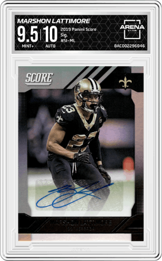 Marshon Lattimore from the 2019 Panini Score set graded by Arena Club and given an overall grade of 9.5.