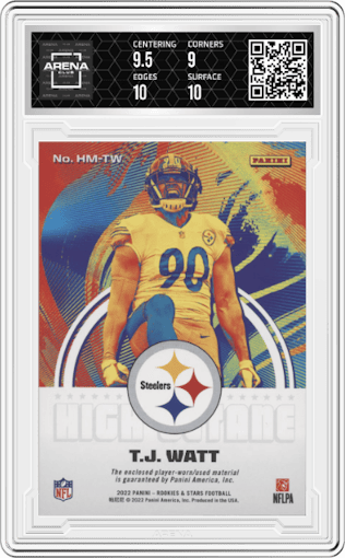 T.J. Watt from the 2022 Panini Rookies & Stars set graded by Arena Club and given an overall grade of 9.5.