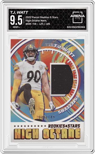 T.J. Watt from the 2022 Panini Rookies & Stars set graded by Arena Club and given an overall grade of 9.5.