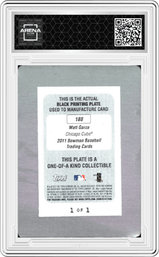 Matt Garza from the 2011 Bowman set featuring a Printing Plate Black parallel graded by Arena Club.