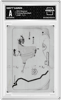 Matt Garza from the 2011 Bowman set featuring a Printing Plate Black parallel graded by Arena Club.