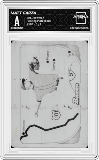 Matt Garza from the 2011 Bowman set featuring a Printing Plate Black parallel graded by Arena Club.