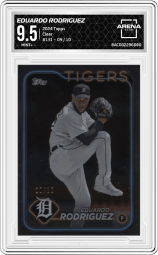 Eduardo Rodriguez from the 2024 Topps  set featuring a Clear parallel graded by Arena Club and given an overall grade of 9.5.