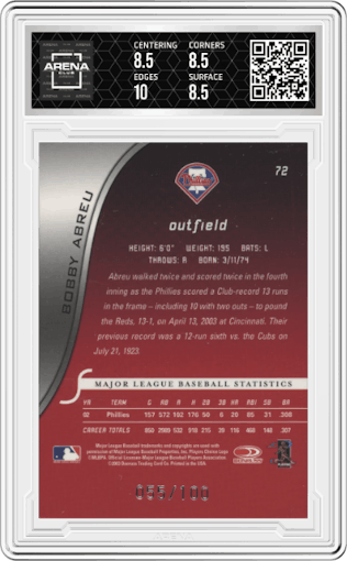 Bobby Abreu  from the 2003 Donruss Signature Series set featuring a Century parallel graded by Arena Club and given an overall grade of 9.