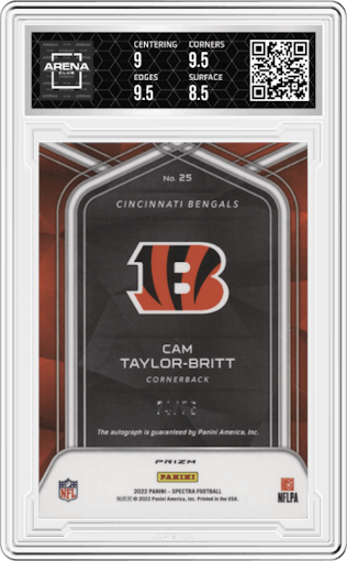 Cam Taylor-Britt  from the 2022 Panini Spectra set featuring a Celestial parallel graded by Arena Club and given an overall grade of 9.