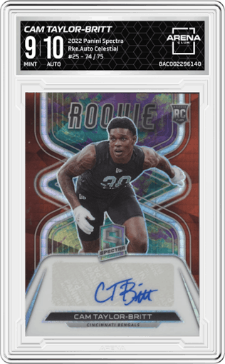Cam Taylor-Britt  from the 2022 Panini Spectra set featuring a Celestial parallel graded by Arena Club and given an overall grade of 9.