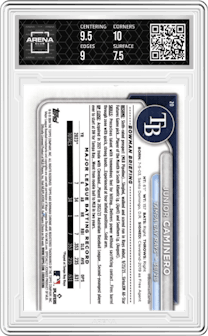 Junior Caminero from the 2024 Bowman Mega Box set graded by Arena Club and given an overall grade of 8.